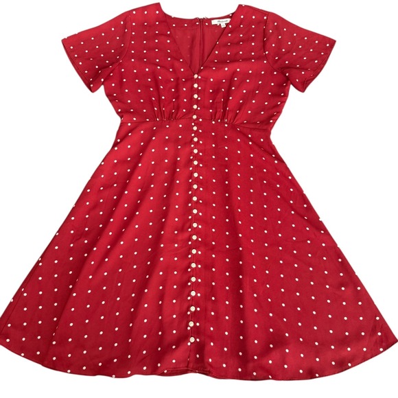 Madewell Button-Front Swing Dress Red White Polka Dot Short Sleeve Mini Size 2 - Picture 10 of 10